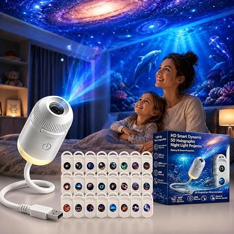 Galaxy Projector Night Light, 2-in-1 Plug and Play hd Holographic Night Light Projector with Adjustable Brightness, 360 Rotating USB Powered for Bedroom Ceiling Wall Room Decor