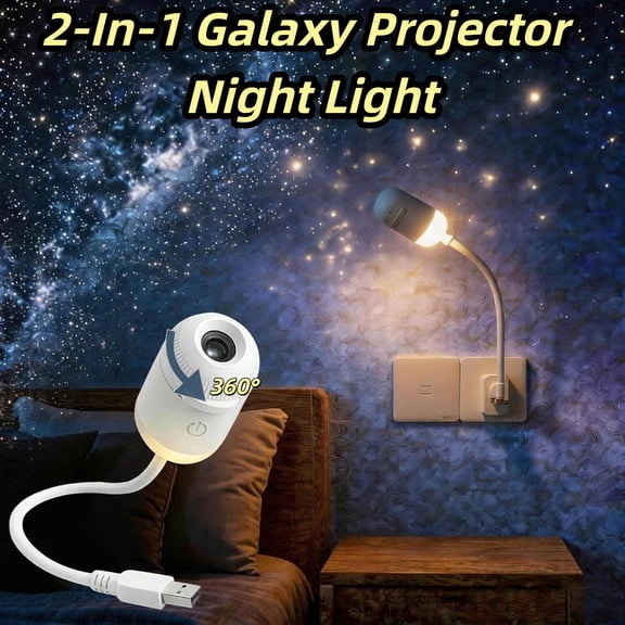 Galaxy Projector Night Light, 2-in-1 Portable with 10 Projection Films, 360° Adjustable USB Starry Sky Night Light Projector with Adjustable Brightness for Car and Bedroom Decoration