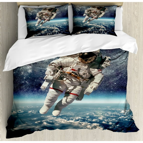 Galaxy Queen Size Duvet Cover Set, Astronaut Floats Outer Space with Planet Earth Globe Surreal Gravity Image Space Art, Decorative 3 Piece Bedding Set with 2 Pillow Shams, Grey Blue, by Ambesonne