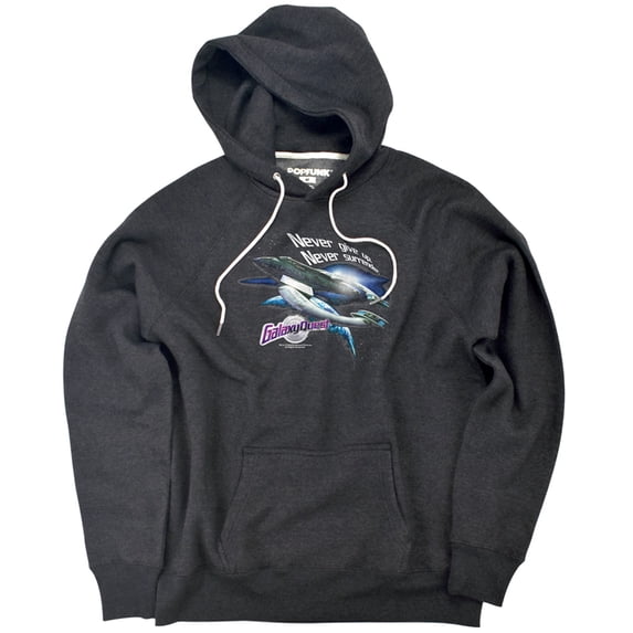 Galaxy Quest Never Surrender Unisex Adult Slim Fit Pull-Over Heather Hoodie, Charcoal, Medium