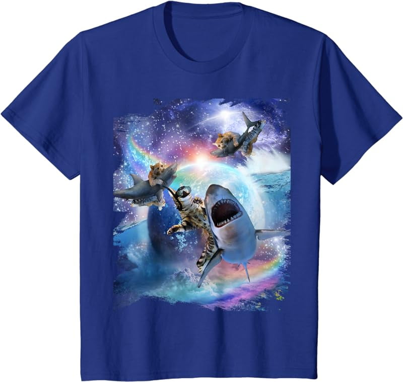 Cat riding a shark t shirt hotsell
