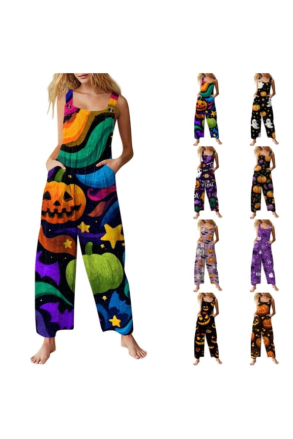Galaxy Rainbow Swirl Pumpkin Bat Halloween Women Overalls, Sleeveless Loose Wide Leg Bib Jumpsuit with Pockets, Soft Rayon Linen Blend Pink S