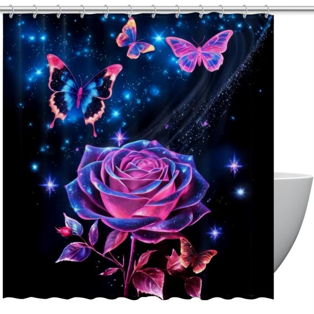 Galaxy Rose Butterfly Shower Curtain, Waterproof Polyester Fabric