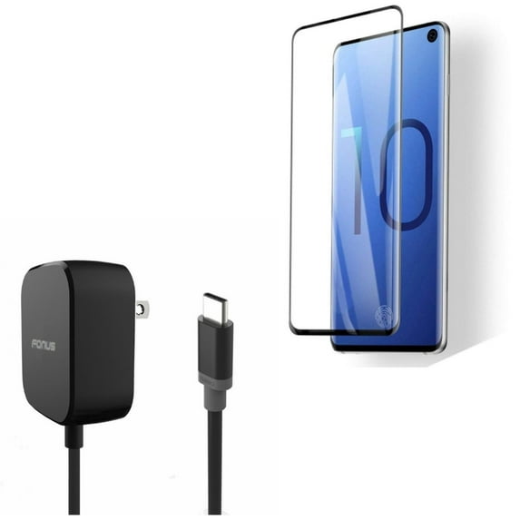 Galaxy S10  15W Fast Home Charger w Tempered Glass Screen Protector - 5ft Long Type-C Turbo Charge, [Fingerprint Works] 3D Curved Edge Full Cover for Samsung Galaxy S10