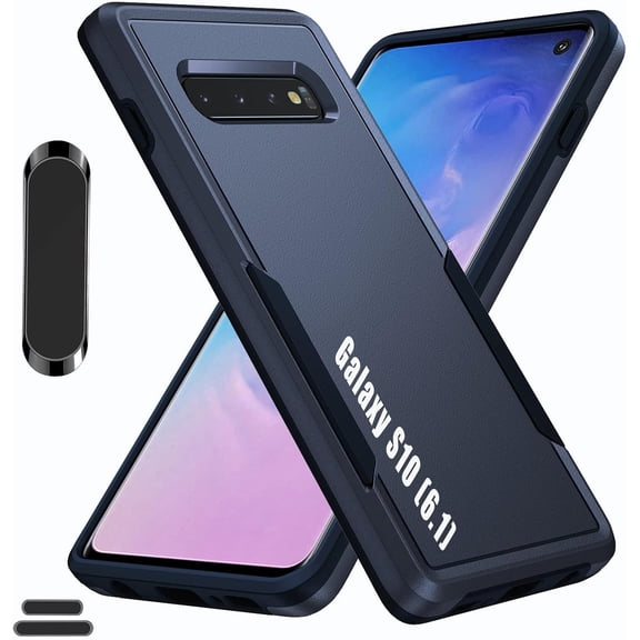 for Galaxy S10 6.1 Inch Double Layer Hybrid Military Grade Rugged Shock Resistant Drop Case with 1 PCS Magnetic Car Mount and 1 PCS HD Tempered Glass Screen Protector (Blue)