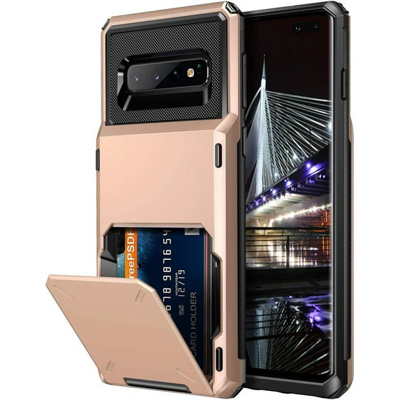for Galaxy S10 Case with Credit Card Holder Wallet 4 Card Pocket Slot Scratch Resistant Dual Layer Protective Bumper Tough Rubber Armor Hard Shell Cover Case for Samsung Galaxy S10 Rose Gold