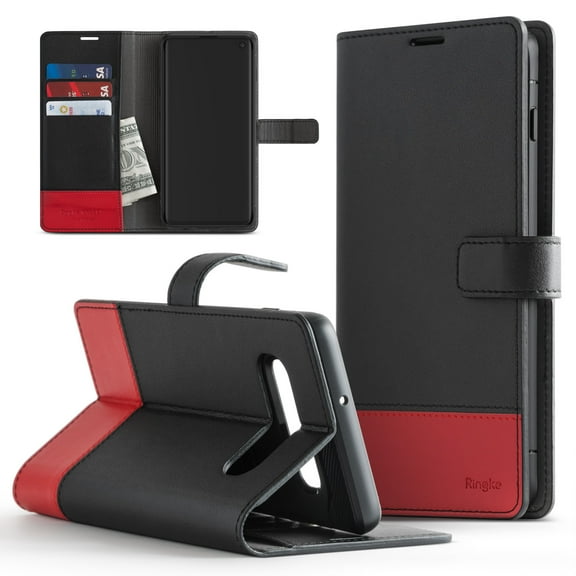 Galaxy S10 Case, Ringke [WALLET] Premium PU Leather with Magnet Clasp Lightweight Durable Flip Kickstand - Black & Red