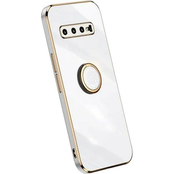 Galaxy S10 Case for Women Girls with Integrated Camera Lens Protector Kickstand Ring Holder Cute Plated Soft Slim Shockproof Protective Cover Phone Case for Samsung Galaxy S10 White