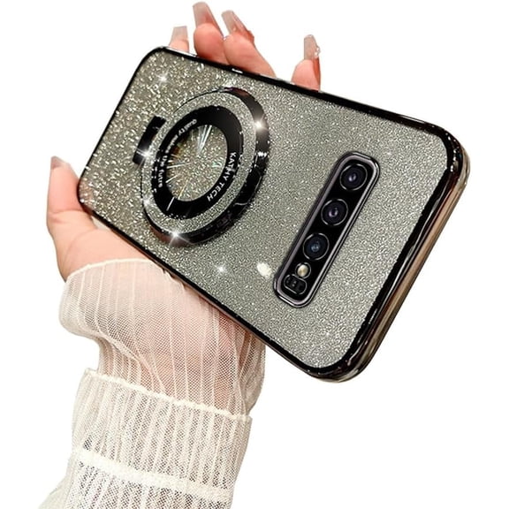 for Galaxy S10 Plus Case [Compatible with Magsafe] Wireless Glitter Plated Kickstand Holder Shockproof Camera Lens Protector Slim Phone Cover Case for Samsung Galaxy S10+Plus-Black
