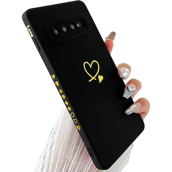 for Galaxy S10 Plus Case(Not fits S10),Cute Bling Plated Gold Love Heart with Anti-Fall Camera Lens Cover Protection Soft Anti-Fingerprint Phone Case for Samsung Galaxy S10+ 6.4", Black