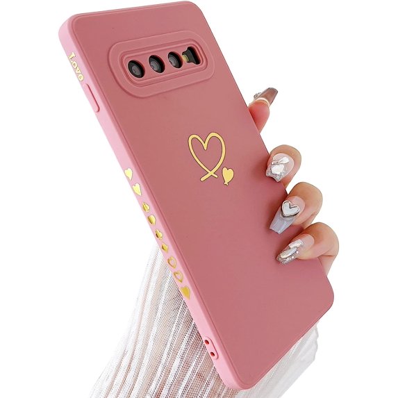 for Galaxy S10 Plus Case(Not fits S10),Cute Bling Plated Gold Love Heart with Anti-Fall Camera Lens Cover Protection Soft Anti-Fingerprint Phone Case for Samsung Galaxy S10+ 6.4", Pink