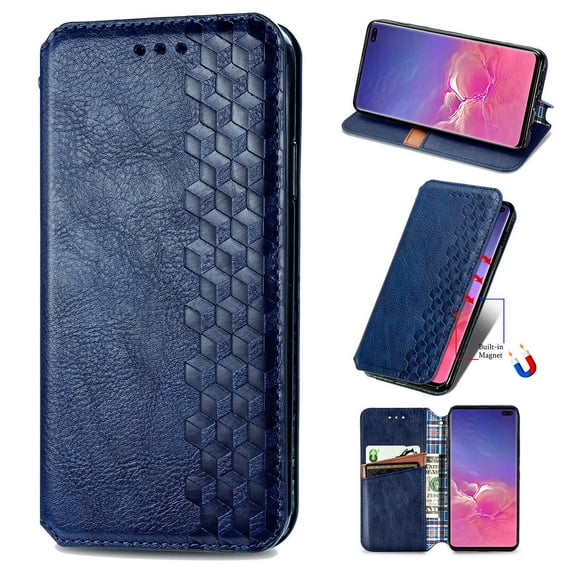 Galaxy S10 Plus Case, PU Leather TPU Wallet Cover with Card Holder Kickstand Hidden Magnetic Adsorption Shockproof Flip Folio Cell Phone Case for Samsung Galaxy S10 Plus 6.4 inch 2019, Blue