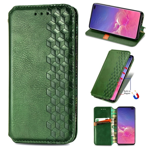 Galaxy S10 Plus Case, PU Leather TPU Wallet Cover with Card Holder Kickstand Hidden Magnetic Adsorption Shockproof Flip Folio Cell Phone Case for Samsung Galaxy S10 Plus 6.4 inch 2019, Green