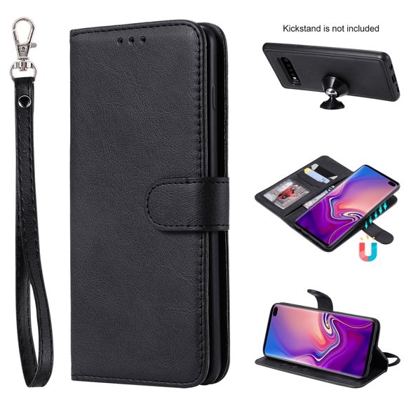 Galaxy S10 Plus Case Wallet, S10 Plus Case, Allytech Premium Leather Flip Case Cover & Card Slots Pocket, Wrist Design Detachable Slim Case for Samsung Galaxy S10 Plus (S10+) 2019 (Black)