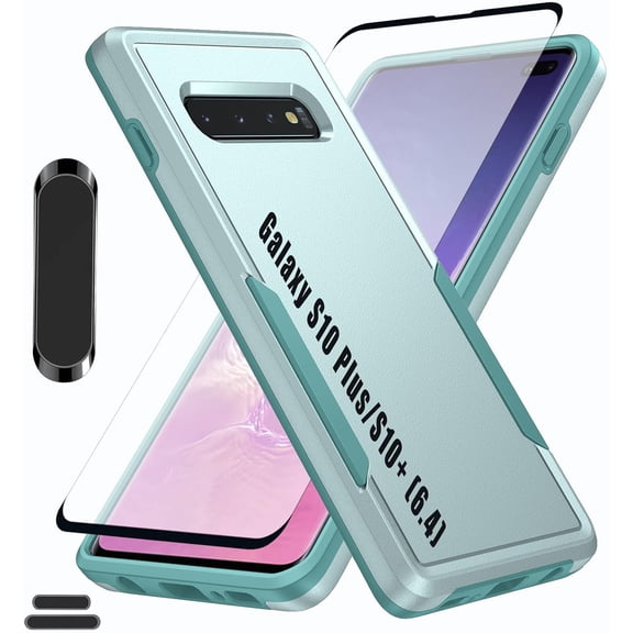 for Galaxy S10 Plus/S10+ 6.4 Inch Double Layer Hybrid Military Grade Rugged Shock Resistant Drop Case with 1 PCS Magnetic Car Mount and 1 PCS HD Tempered Glass Screen Protector (Green)