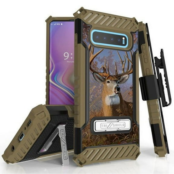 Galaxy S10 Plus (SM-G975) Case, TRISHIELD Rugged Cover With + [Belt Clip Holster] + [Built in kickstand] For Samsung Galaxy S10 Plus - Big Buck Outdoors Camo