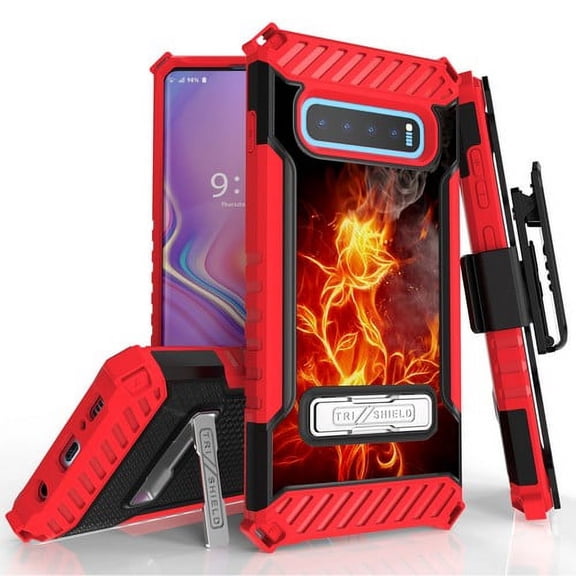 Galaxy S10 Plus (SM-G975) Case, TRISHIELD Rugged Cover With + [Belt Clip Holster] + [Built in kickstand] For Samsung Galaxy S10 Plus - Flaming Flowers