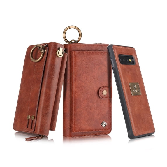 Galaxy S10 Plus Wallet Case, Alleytech Girls Women Magnets Detachable Zipper Wallet Case Cover PU Leather Folio Flip Holster Carrying Case Card Holder for Samsung Galaxy S10 Plus 2019, Brown