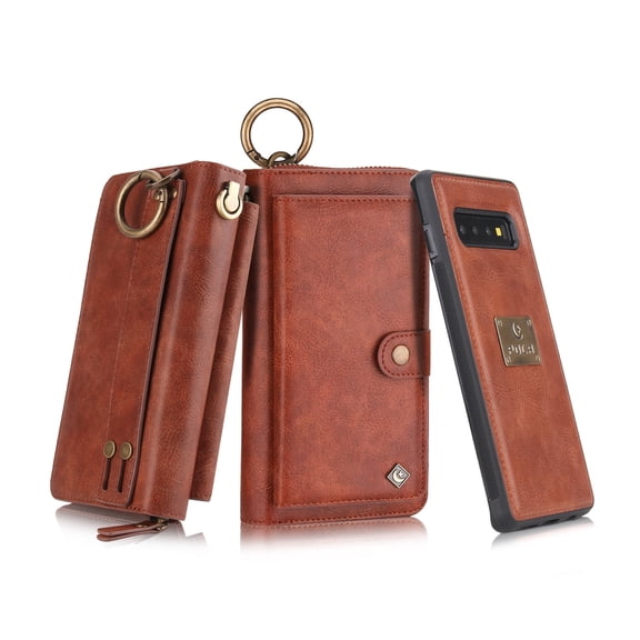 Galaxy S10 Plus Wallet Case, Alleytech Girls Women Magnets Detachable Zipper Wallet Case Cover PU Leather Folio Flip Holster Carrying Case Card Holder for Samsung Galaxy S10 Plus 2019, Brown