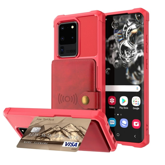 Galaxy S10 Plus Wallet Case, Shockproof Rubber Card Holder Wallet PU Leather Back Phone Case Kickstand Protective Scratch Hybrid Bumper Shell for Samsung Galaxy S10 Plus 6.4 inch 2019, Red