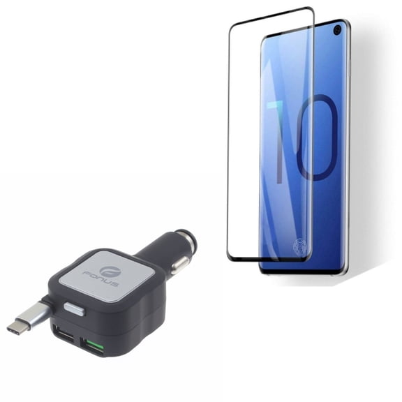 Galaxy S10  Retractable Car Charger w Tempered Glass Screen Protector - 4.8Amp Type-C 2-Port USB, [Fingerprint Works] 3D Curved Edge Full Cover for Samsung Galaxy S10