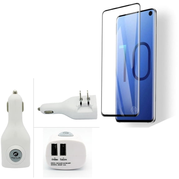 Galaxy S10  Tempered Glass Screen Protector w 2-Port USB Car Home Charger - [Fingerprint Works] 3D Curved Edge Full Cover, 2-in-1 Power Adapter for Samsung Galaxy S10