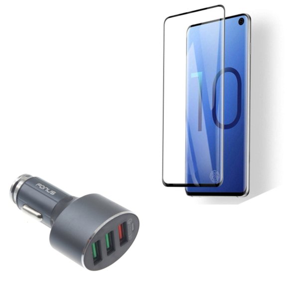 Galaxy S10  Tempered Glass Screen Protector w 42W Quick Car Charger - [Fingerprint Works] 3D Curved Edge Full Cover, 3-Port USB Power Adapter for Samsung Galaxy S10