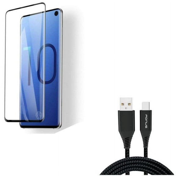 Galaxy S10 Tempered Glass Screen Protector w Type-C 6ft USB Cable - [Fingerprint Works] 3D Curved Edge Full Cover HD Clear, Charger Cord Power Wire USB-C for Samsung Galaxy S10 Phone