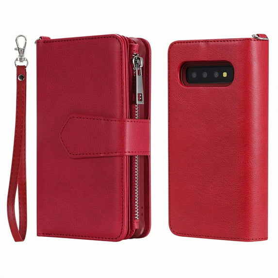 Galaxy S10 Wallet Case, Dteck Pure Color PU Leather Case, Zipper Wallet Case, Detachable Magnetic Back Phone Cover & Card Slots & Hand Strap For Samsung Galaxy S10 6.1 inch, Red