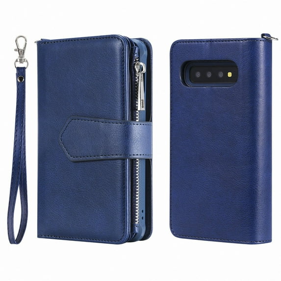 Galaxy S10 Wallet Case, Dteck Pure Color PU Leather Case, Zipper Wallet Case, Detachable Magnetic Back Phone Cover & Card Slots & Hand Strap For Samsung Galaxy S10 6.1 inch, Blue