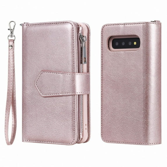 Galaxy S10 Wallet Case, Dteck Pure Color PU Leather Case, Zipper Wallet Case, Detachable Magnetic Back Phone Cover & Card Slots & Hand Strap For Samsung Galaxy S10 6.1 inch, Rosegold