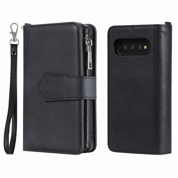 Galaxy S10+ Wallet Case, Dteck Pure Color PU Leather Case, Zipper Wallet Case, Detachable Magnetic Back Phone Cover & Card Slots & Hand Strap For Samsung Galaxy S10 Plus 6.4 inch, Black