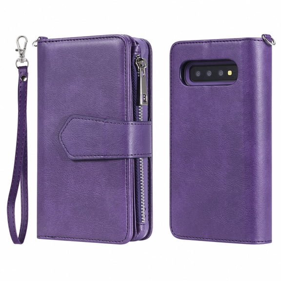 Galaxy S10+ Wallet Case, Dteck Pure Color PU Leather Case, Zipper Wallet Case, Detachable Magnetic Back Phone Cover & Card Slots & Hand Strap For Samsung Galaxy S10 Plus 6.4 inch, Purple