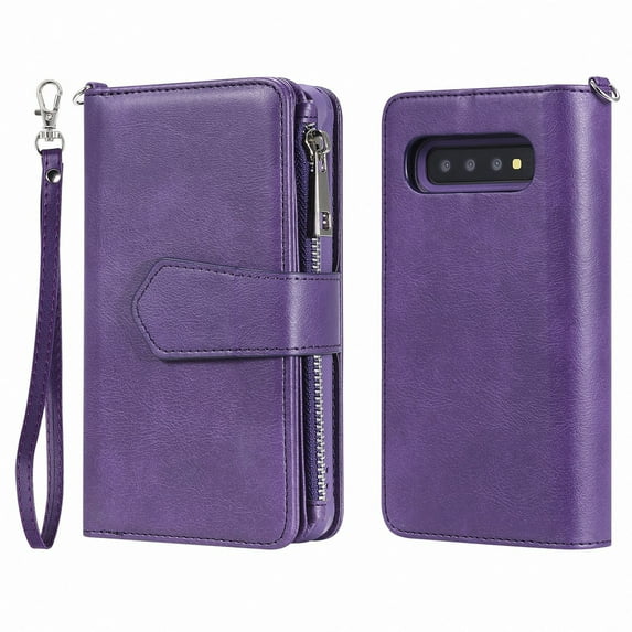 Galaxy S10+ Wallet Case, Dteck Pure Color PU Leather Case, Zipper Wallet Case, Detachable Magnetic Back Phone Cover & Card Slots & Hand Strap For Samsung Galaxy S10 Plus 6.4 inch, Purple