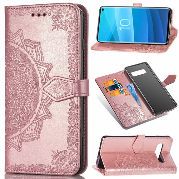 Galaxy S10 Wallet Cases and Covers, Allytech Slim Premium PU Flip Stand Cover Mandala Embossed Full Body Protection with Card Holder Magnetic Closure for Samsung Galaxy S10 Phone, Rosegold