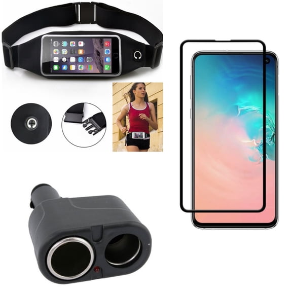 Galaxy S10e Car Charger w Running Waist Bag w Screen Protector - DC Socket 2-Port Power, Belt Band Sports Gym Workout, Tempered Glass 5D Curved Edge for Samsung Galaxy S10e Phone