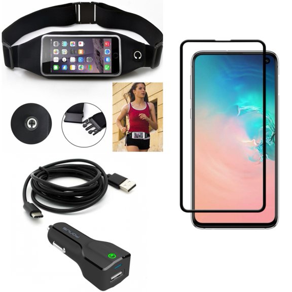 Galaxy S10e Car Charger w Screen Protector w Running Waist Bag - 24W Fast 2-Port USB 6ft Cable, Tempered Glass 5D Curved Edge, Belt Band Sports Gym Workout for Samsung Galaxy S10e Phone