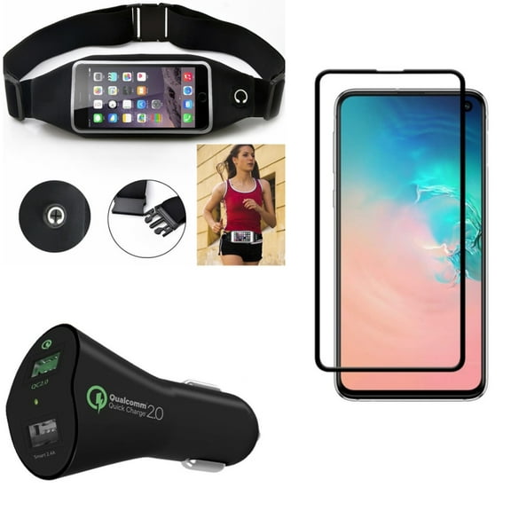 Galaxy S10e Car Charger w Screen Protector w Running Waist Bag - 30W Fast 2-Port USB Power, Tempered Glass 5D Curved Edge, Belt Band Sports Gym Workout for Samsung Galaxy S10e Phone