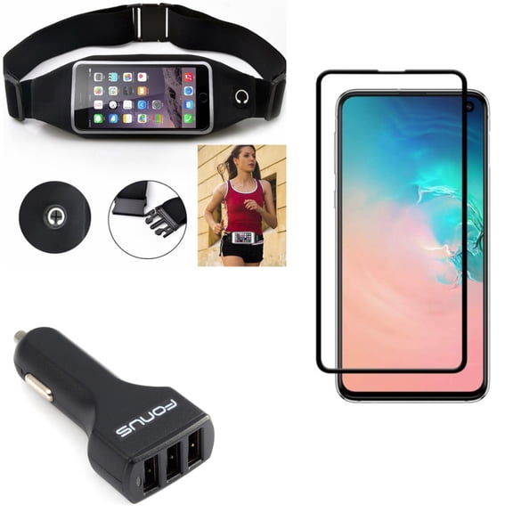 Galaxy S10e Car Charger w Screen Protector w Running Waist Bag - 36W 3-Port USB 4.8A, Tempered Glass 5D Curved Edge, Belt Band Sports Gym Workout for Samsung Galaxy S10e Phone
