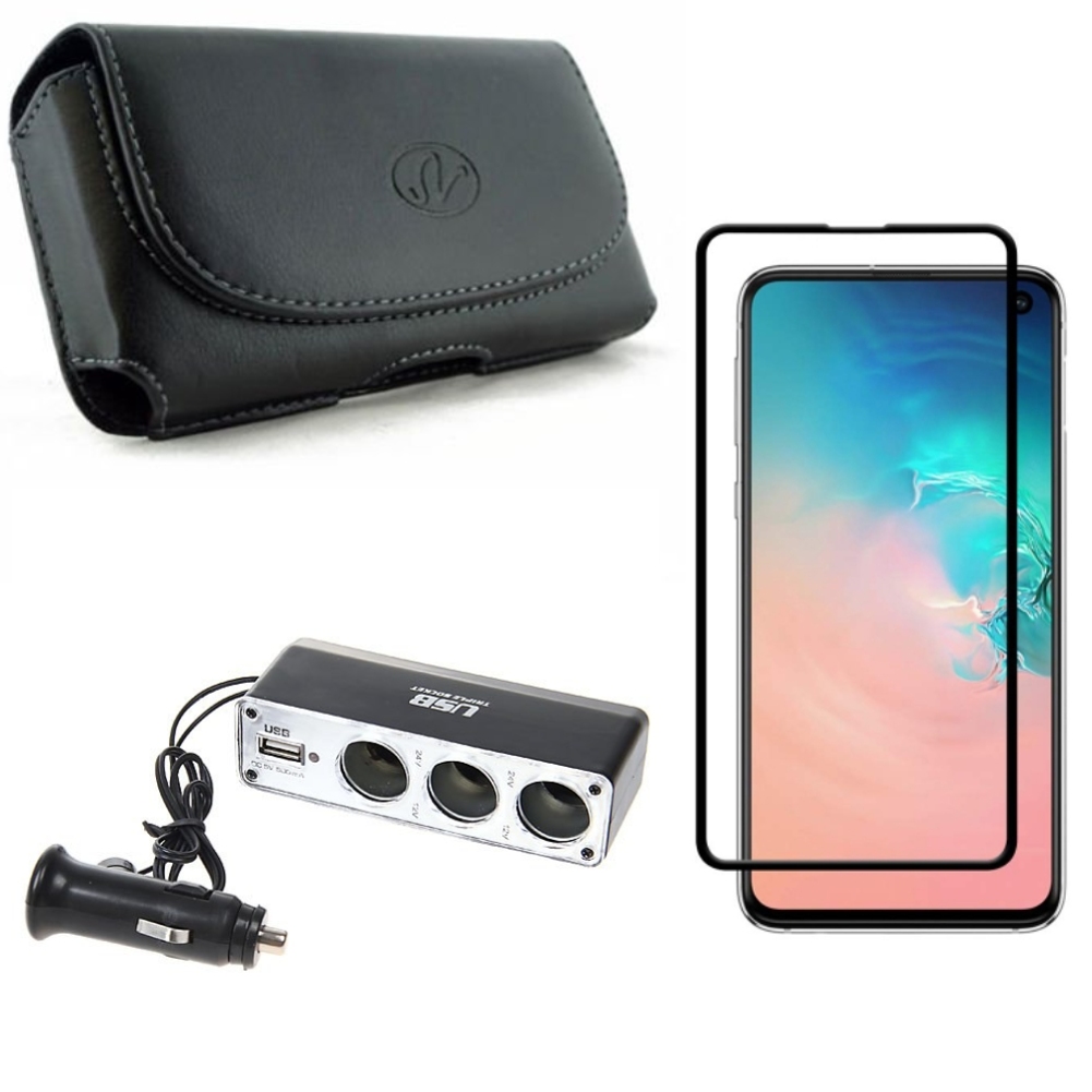 Galaxy S10e Case Belt Clip w Car Charger Splitter w Screen Protector - Leather Holster Cover, DC Socket USB Port Power, Tempered Glass 5D Curved Edge for Samsung Galaxy S10e Phone - image 1 of 17