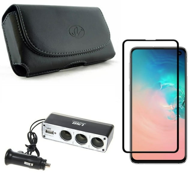 Galaxy S10e Case Belt Clip w Car Charger Splitter w Screen Protector - Leather Holster Cover, DC Socket USB Port Power, Tempered Glass 5D Curved Edge for Samsung Galaxy S10e Phone