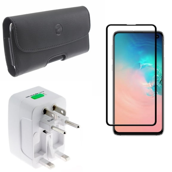 Galaxy S10e Case Belt Clip w International Charger w Screen Protector - Leather Holster Cover, Travel Adapter Plug Converter, Tempered Glass 5D Curved Edge for Samsung Galaxy S10e Phone