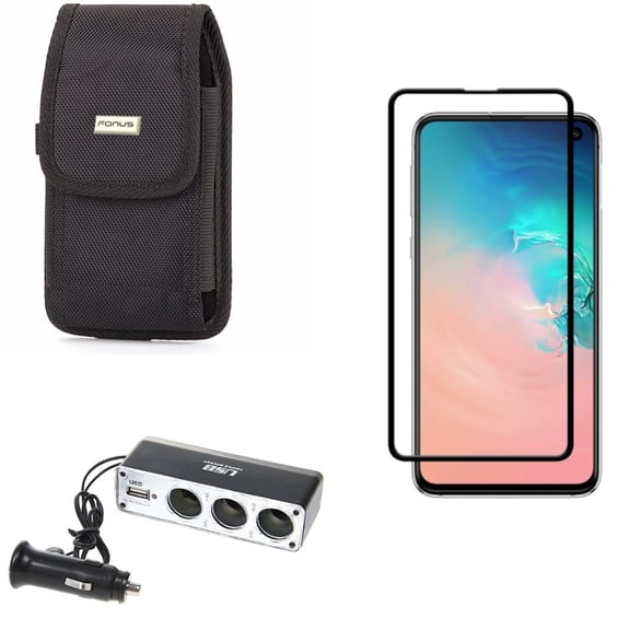 Galaxy S10e Case Belt Clip w Screen Protector w Car Charger Splitter - Rugged Holster Canvas, Tempered Glass 5D Curved Edge, DC Socket USB Port Power for Samsung Galaxy S10e Phone