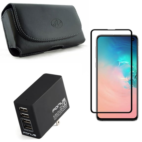 Galaxy S10e Case Belt Clip w Screen Protector w Home Charger - Leather Holster Cover, Tempered Glass 5D Curved Edge, 34W 4-Port USB 6.8A for Samsung Galaxy S10e Phone