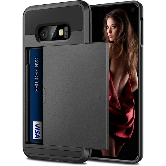 for Galaxy S10e Case with Credit Card Holder Wallet Slot Sliding Door Hidden Pocket Women Girl Anti-Scratch Dual Layer Protective Hard Shell Rugged Bumper for Samsung Galaxy S10E Matte Grey