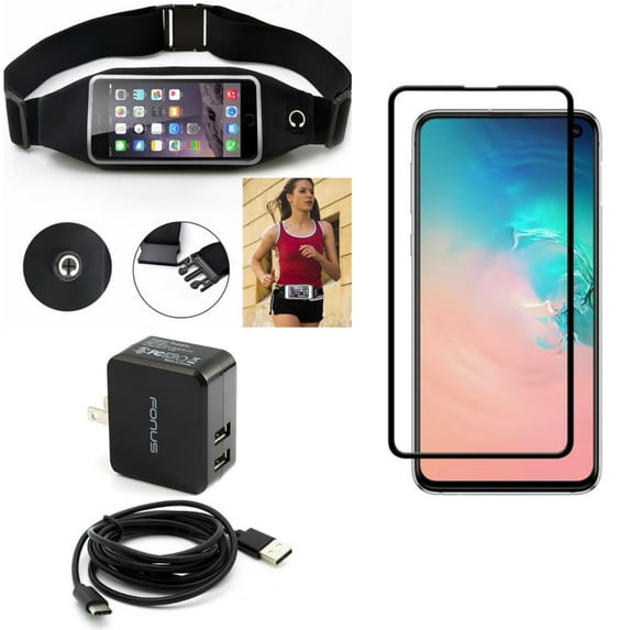 Galaxy S10e Home Charger w Running Waist Bag w Screen Protector - 17W 2-Port USB 3.4A, Belt Band Sports Gym Workout, Tempered Glass 5D Curved Edge for Samsung Galaxy S10e Phone