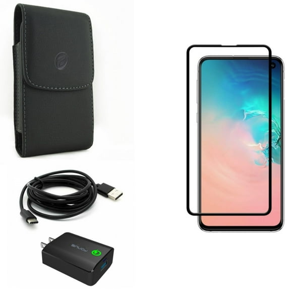 Galaxy S10e Home Charger w Screen Protector w Case Belt Clip - 18W Fast 6ft USB Cable Type-C, Tempered Glass 5D Curved Edge, Leather Holster Cover for Samsung Galaxy S10e Phone