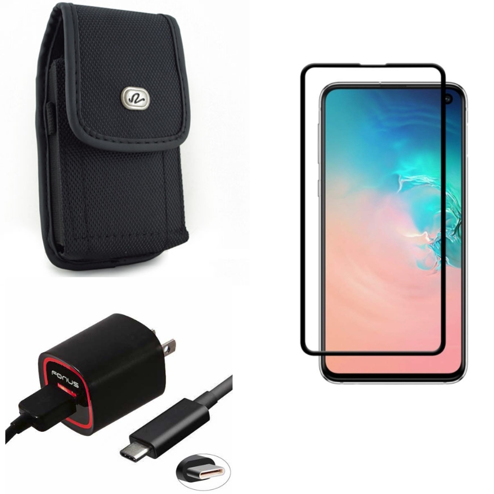 Galaxy S10e Home Charger w Screen Protector w Case Belt Clip - Fast 18W USB Cable 6ft TYpe-C, Tempered Glass 5D Curved Edge, Rugged Holster Canvas for Samsung Galaxy S10e Phone - image 1 of 13