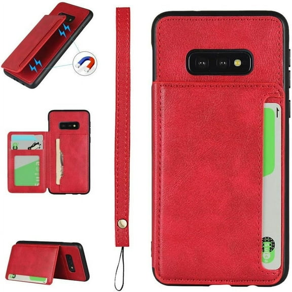 Galaxy S10e Luxury PU Leather Case,Credit Card Holder,Cash Slots,Stand Function Soft TPU Back Wallet Case Flip Wrist Strap Multi-Function Durable Case for Samsung Galaxy S10e 5.8",Red