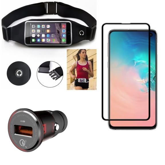 Galaxy S10e Running Waist Bag w Car Charger w Screen Protector - Belt Band Sports Gym Workout, 18W Fast USB Port Power, Tempered Glass 5D Curved Edge for Samsung Galaxy S10e Phone